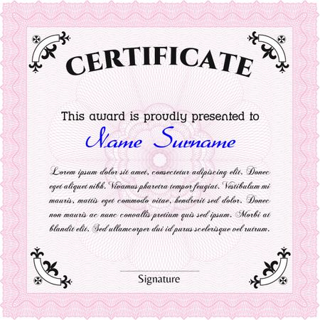 Pink Certificate or diploma template. Cordial design. Customizable, Easy to edit and change colors. Easy to print. 