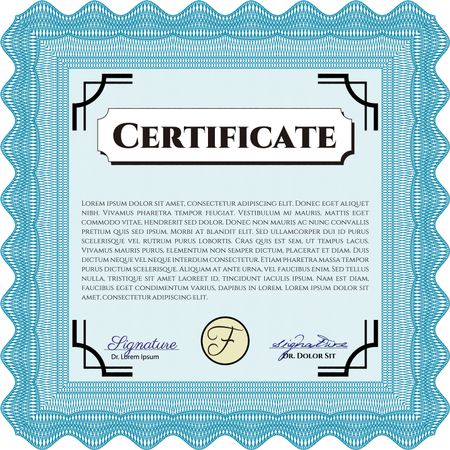 Light blue Certificate or diploma template. With background. Good design. Border, frame.