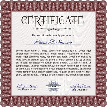 Red Certificate or diploma template. With background. Good design. Border, frame. 