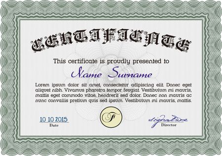 Green Diploma template or certificate template. Beauty design. Vector pattern that is used in money and certificate. With quality background.