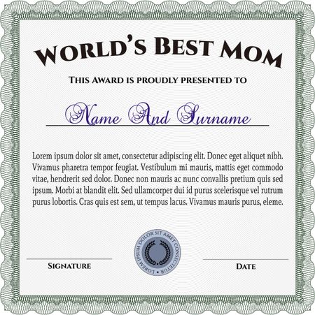 World's Best Mother Award. Cordial design. With background. Detailed.