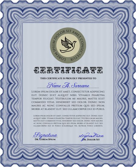 Blue Certificate. Detailed. Nice design. Printer friendly. 
