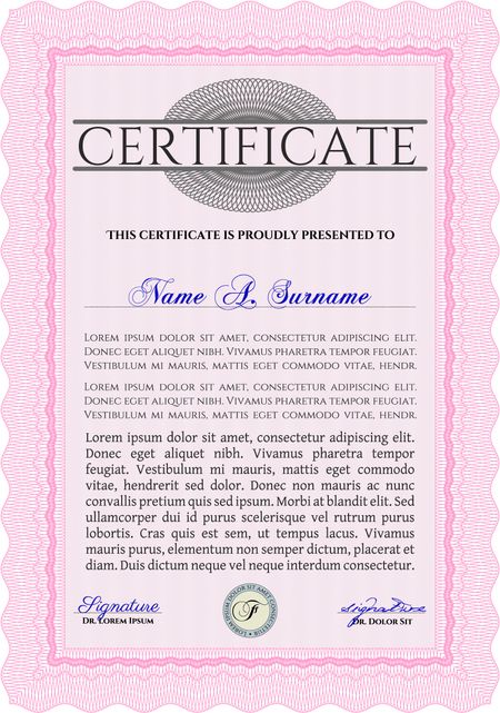 Pink Certificate. Detailed. Nice design. Printer friendly. 