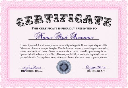 Diploma template. Excellent design. Border, frame. With background. Pink color.