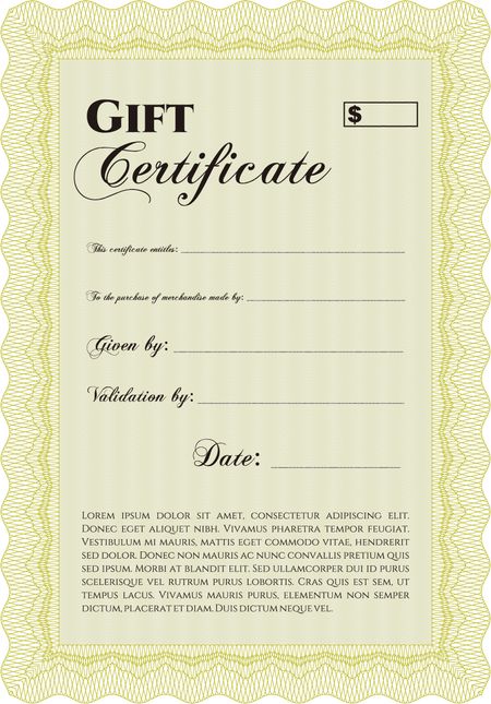 Gift certificate template. Superior design. With quality background. Border, frame. 