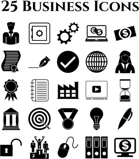 business icon set. 25 icons total. Universal and Standard Icons.