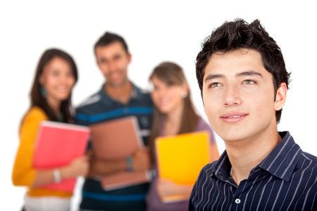 Male student standing in front of a group of friends - isolated