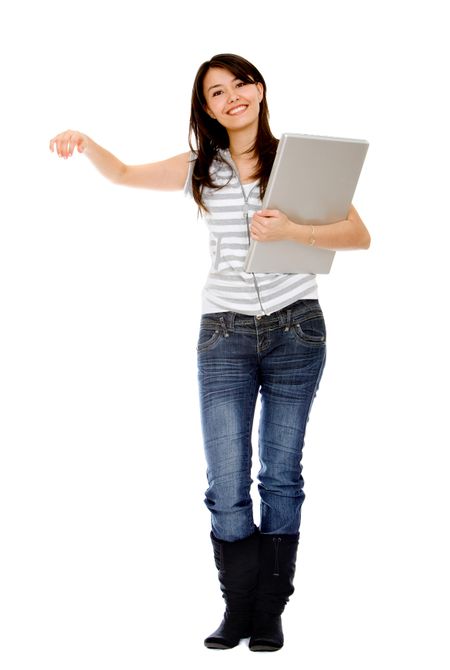 woman with a laptop leaning on something isolated over a white background
