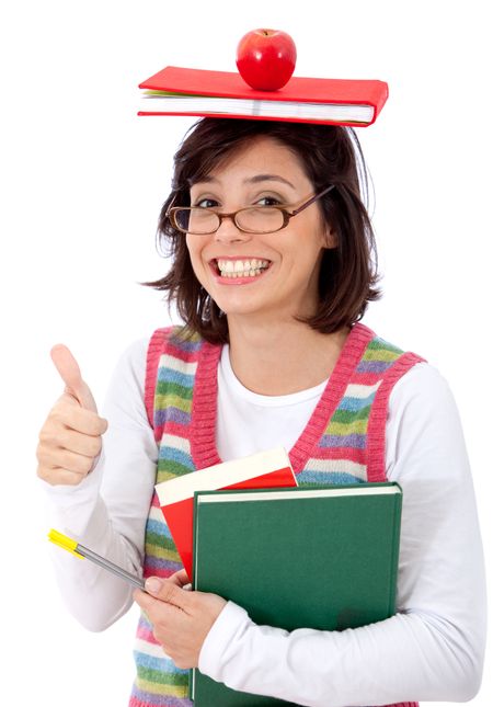 Overwhelmed female student isolated over a white background