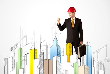 A young construction site worker in a red safety helmet happily sketching a colorful city sight, drawing lines, arrows, angles, cranes buildings with a pen in his hand
