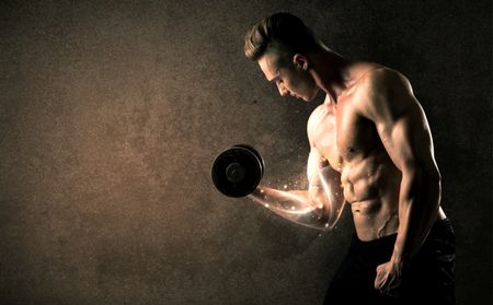 Bodybuilder lifting weight with energetic white lines concept on backround