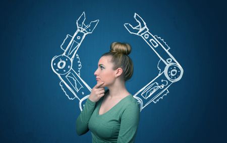 Pretty young woman with robotic arms concept