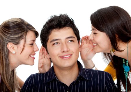women telling a secret to a man isolated over a white background