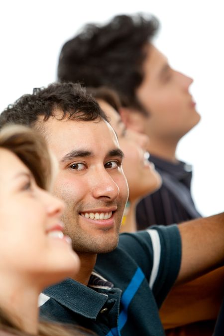 Young man with a group isolated over a white background