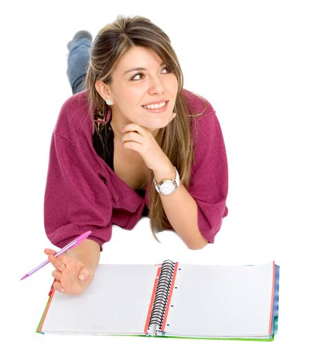 pensive female student isolated over a white background