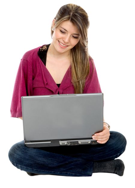 Woman with a laptop isolated over a white background