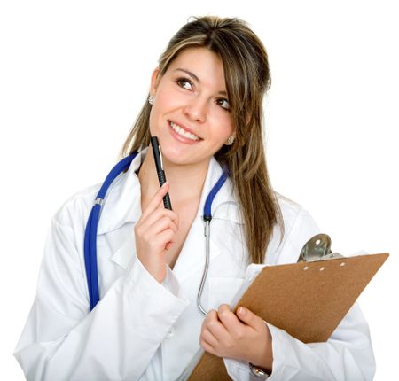 Pensive female doctor isolated over a white background