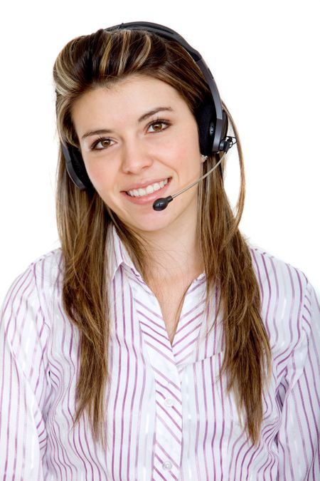 customer support operator woman smiling isolated on white