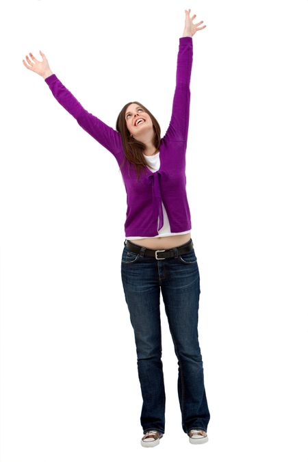 Full body excited woman with arms up isolated over white