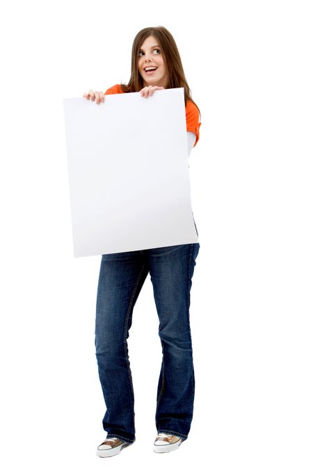 Fullbody casual woman with a banner isolated over a white background