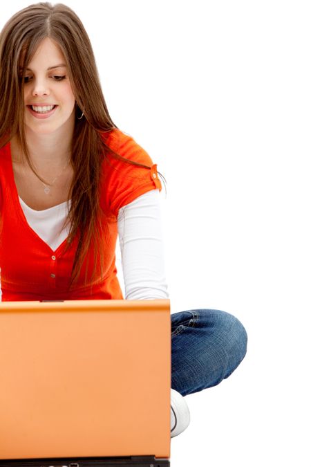 Beautiful woman with a laptop isolated over a white background