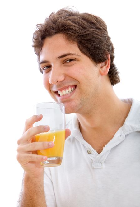 Man drinking orange juice isolated over a white background