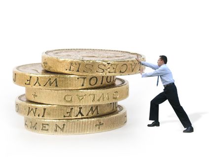 business man pushing some coins showing strength and power