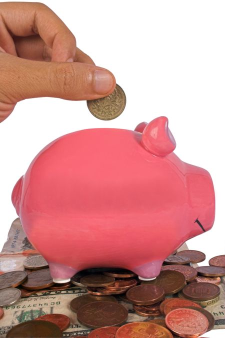 hand putting money on a piggy bank