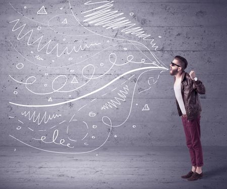 A mad hipster guy with beard shouting drawn white lines, curves on concrete urban wall illustration background concept