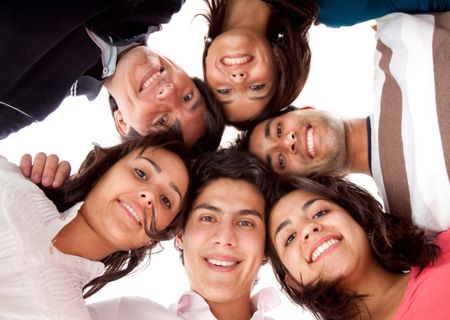 Group of friends in a circle isolated over a white background