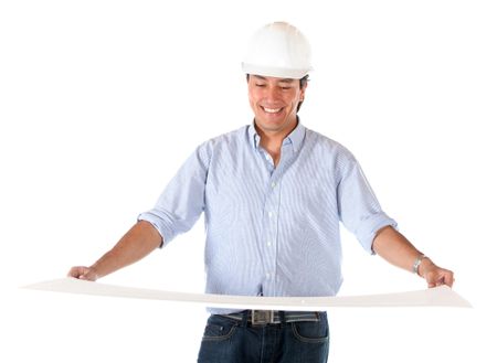 Architect holding a model isolated over a white background
