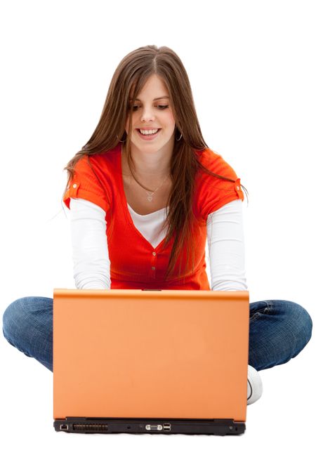 Casual woman with a laptop isolated over a white background