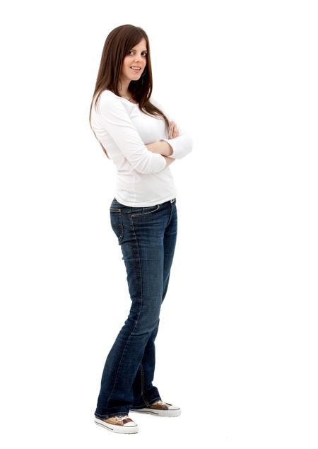 Full body casual woman smiling isolated over a white background