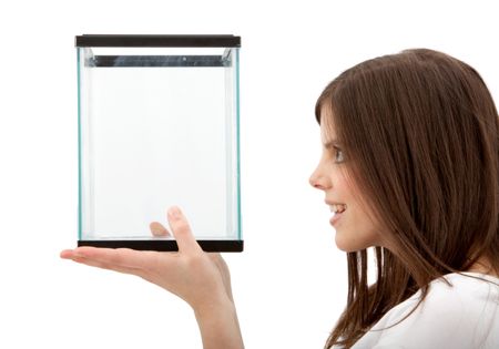 Woman holding a fish tank isolated over a white background