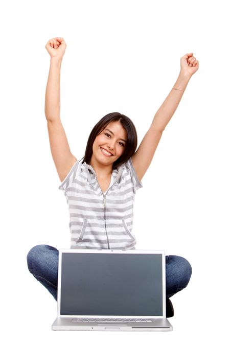 Casual woman with computer isolated over a white background