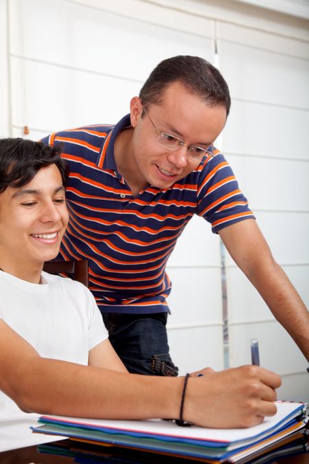 Men with notebook studying at home and smiling