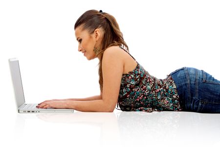 Woman with a laptop isolated over a white background
