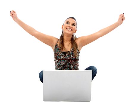 Successful woman with a laptop isolated over a white background