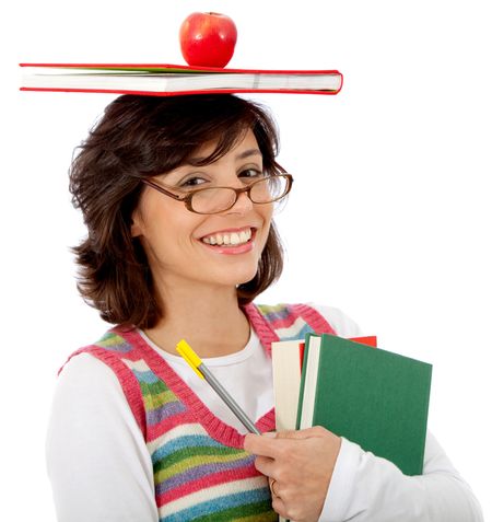 Female student with book on her head isolated over a white background