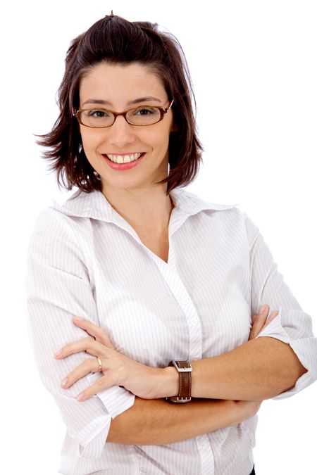 Happy business woman wearing glasses isolated over a white background