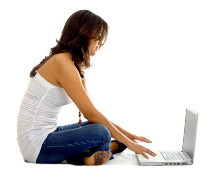 Casual woman with laptop isolated over a white background