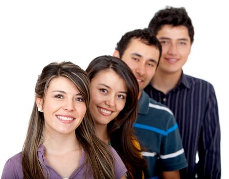 Group of friends in a row isolated over a white background