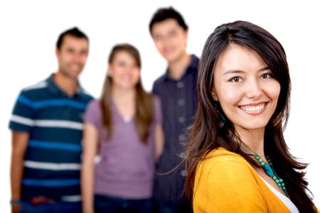 Girl smiling with a group isolated over a white background