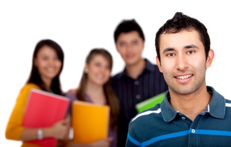 Man with a group of students isolated over a white background