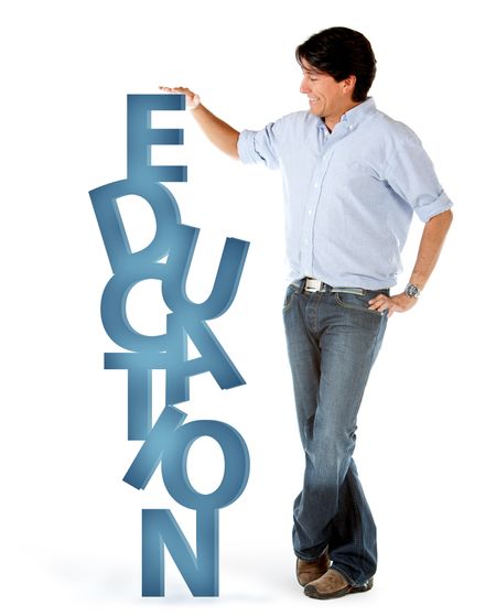 Man with the word education in 3D isolated over a white background
