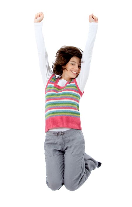 Happy woman jumping isolated over a white background