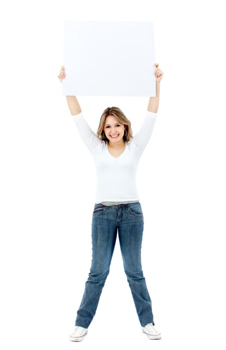 Woman holding a banner isolated over a white background