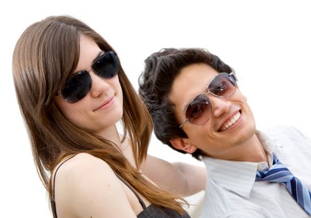 Couple wearing sunglasses isolated over a white background