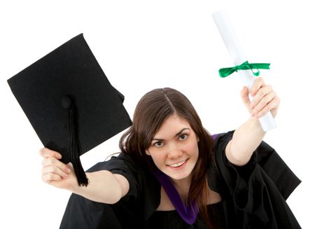 Happy graduation woman celebrating isolated over a white background