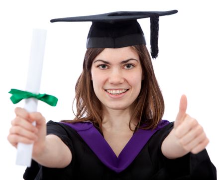 Graduation woman with thumbs up isolated over a white background